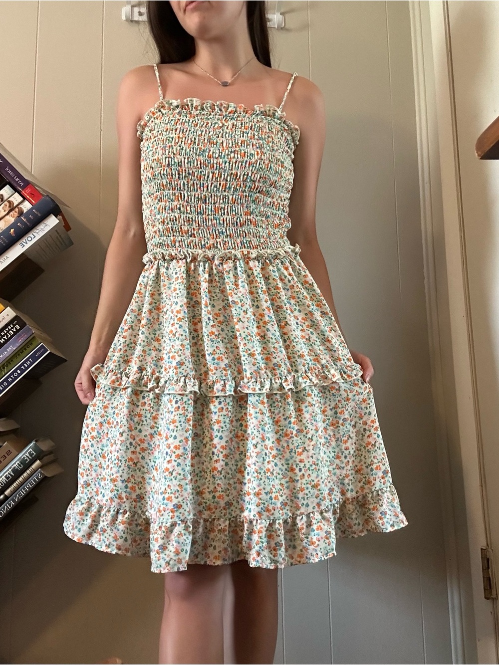 Jessica Simpson Cream Smocked Sundress with Orange & Green Floral Accents